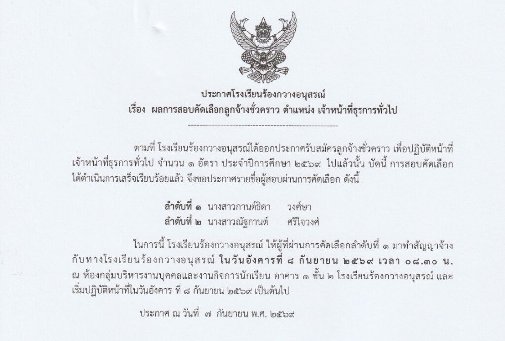 ประกาศ ผลการสอบคัดเลือกลูกจ้างชั่วคราว ตำแหน่งเจ้าหน้าที่ธุรการทั่วไป
